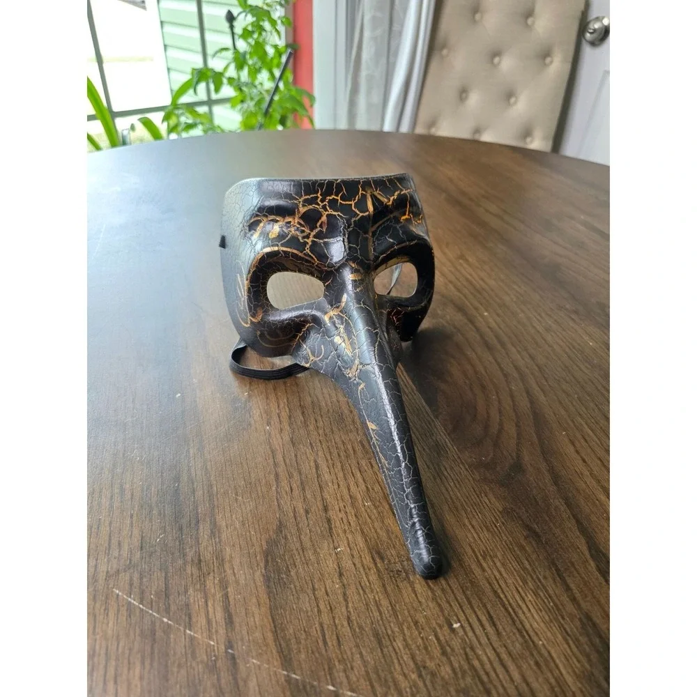 Black & Gold Crackle Plague Doctor Mask With Long Nose & Elastic Strap